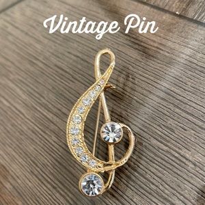 Vintage Treble Clef Rhinestone Pin, Gokd-tone